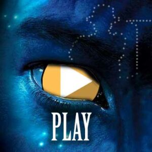 A Blue Alien Face with a Yellow Eye - that is a PLAY BUTTON for The 2GuysTalking Perspective Review of AVATAR (2009)